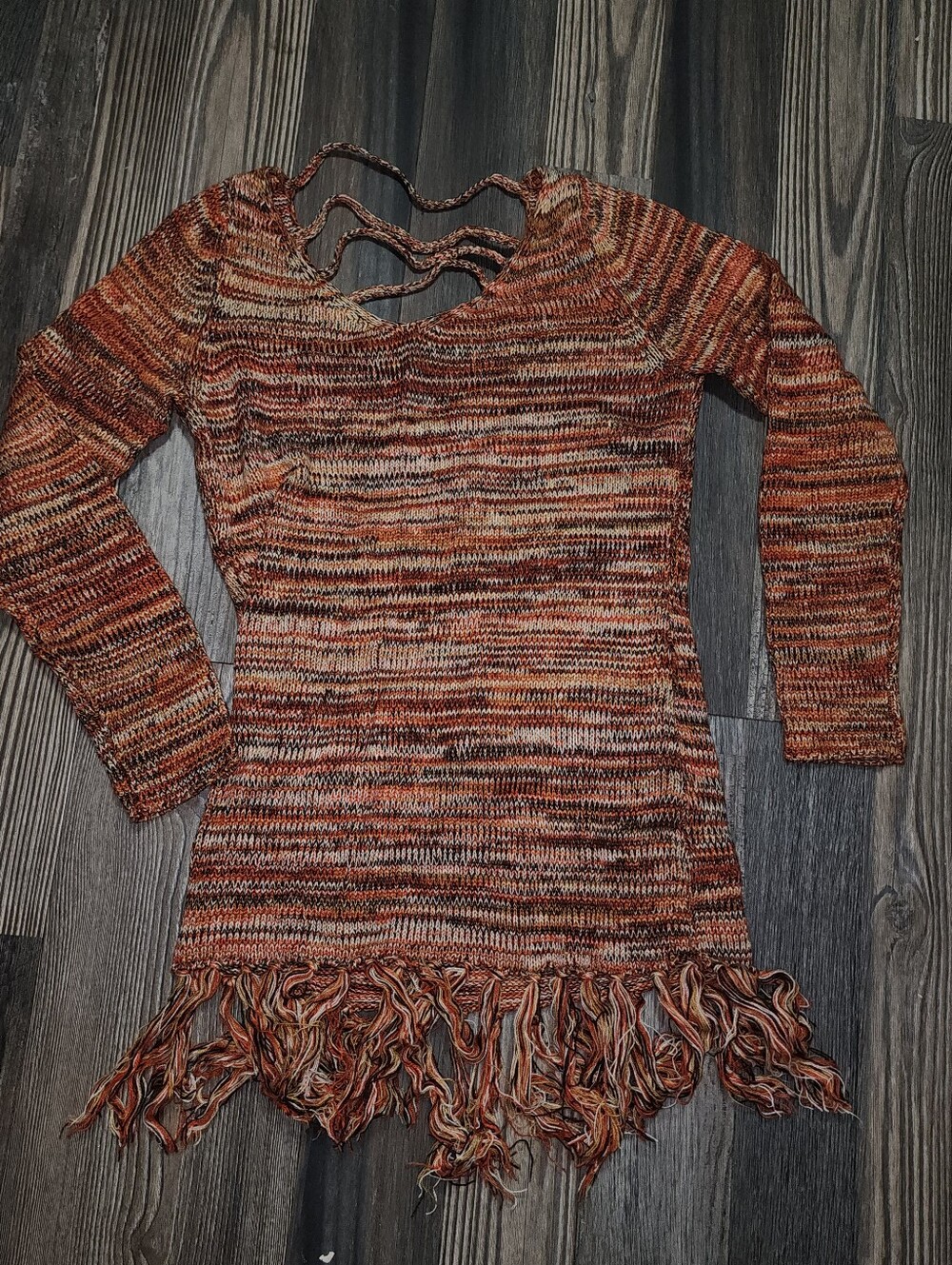Cecico Sweater Pullover Sz Medium Vneck Fringe Boho Festival Indie Orange Brown